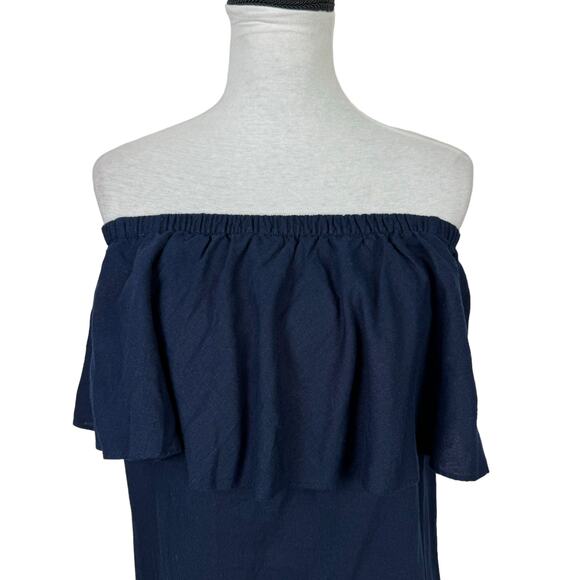 Old Navy | NWT Off the Shoulder Ruffle Navy Blue Linen Blend Shift Dress - Picture 5 of 9